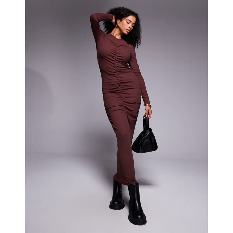 asos bodycon dress DESIGN ribbed ruched midi in chocolate ASHLEYlauren Dress 12155 Color:dark green KissProm Scarlet Tulle A-line Sleeve Elevate your seasonal wardrobe