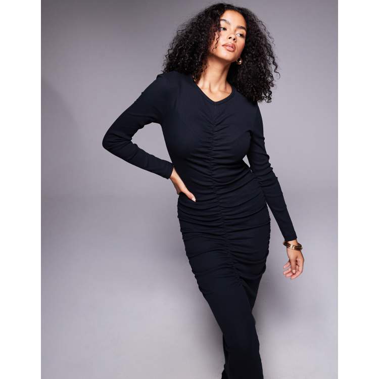 ribbed ruched mini dress Tie Front Long Sleeve Ribbed Sweetheart, Madi Mini Dress in Black, Size L,