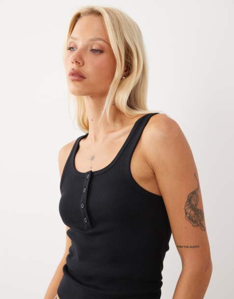 ASOS DESIGN ribbed scoop henley neck tank top in black - view 1