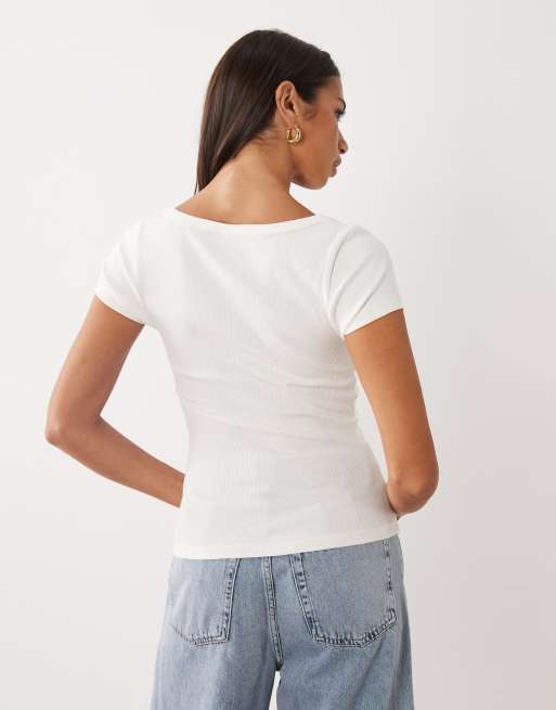 ASOS DESIGN ribbed scoop neck henley baby tee in ivory, 4 of 4