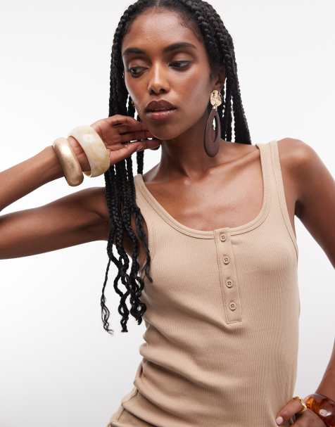 ASOS DESIGN ribbed scoop neck henley vest in biscuit - view 1