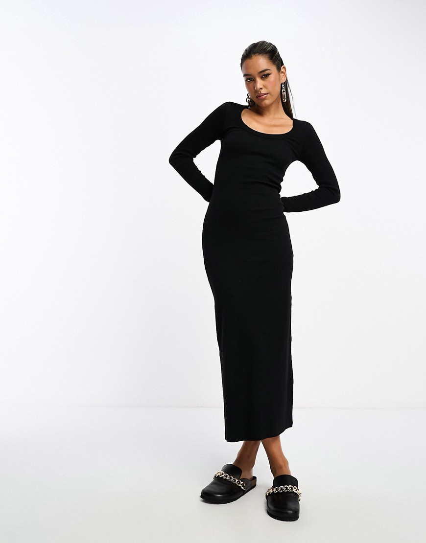 Asos Design Ribbed Scoop Neck Long Sleeve Maxi Dress In Black