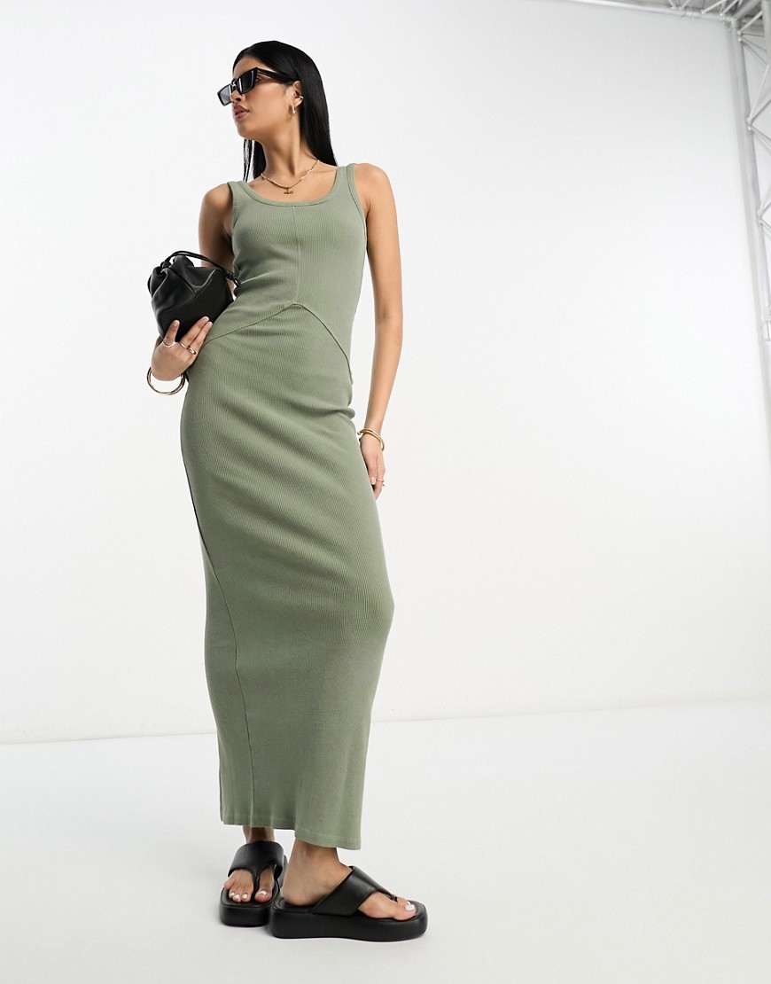 ASOS DESIGN ribbed scoop neck maxi dress with seam detail in khaki-Green