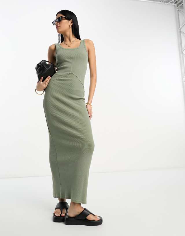 ASOS DESIGN ribbed scoop neck maxi with seam detail in khaki