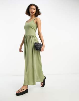 Asos Design Ribbed Scoop Neck Midi Dress With Dropped Waist In Khaki Asos 