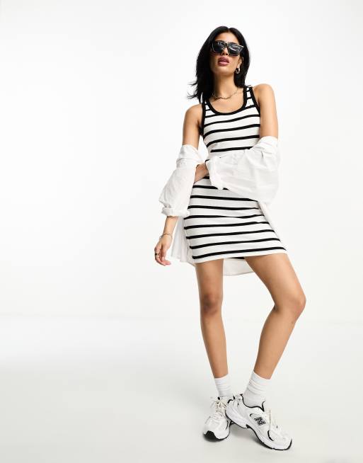 ASOS DESIGN ribbed scoop neck singlet mini dress in black white stripe ASOS