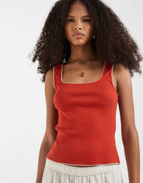 ASOS DESIGN ribbed scoop neck tank top with blanket stitch detail in red & cream - view 1