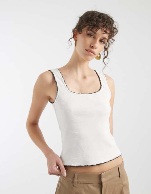ASOS DESIGN ribbed scoop neck tank top with blanket stitch detailing in white & black, 2 of 4