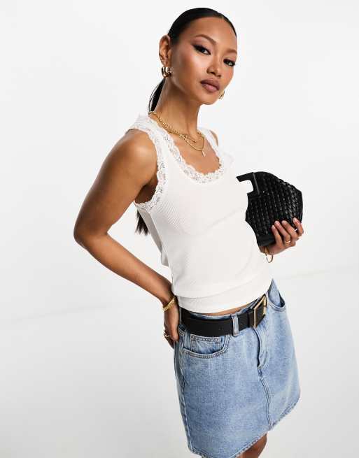 ASOS DESIGN ribbed scoop neck top with lace trim detail in white