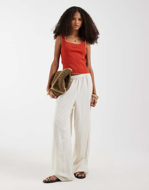 ASOS DESIGN ribbed scoop neck vest with blanket stitch detail in red & cream, 2 of 4