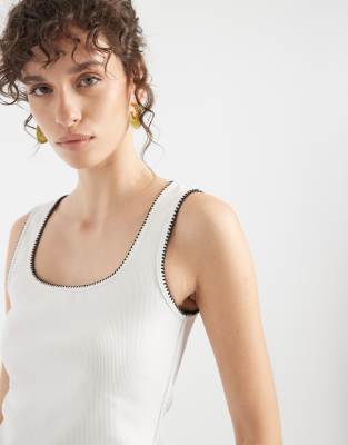 Asos Design Ribbed Scoop Neck Vest With Blanket Stitch Detail In White