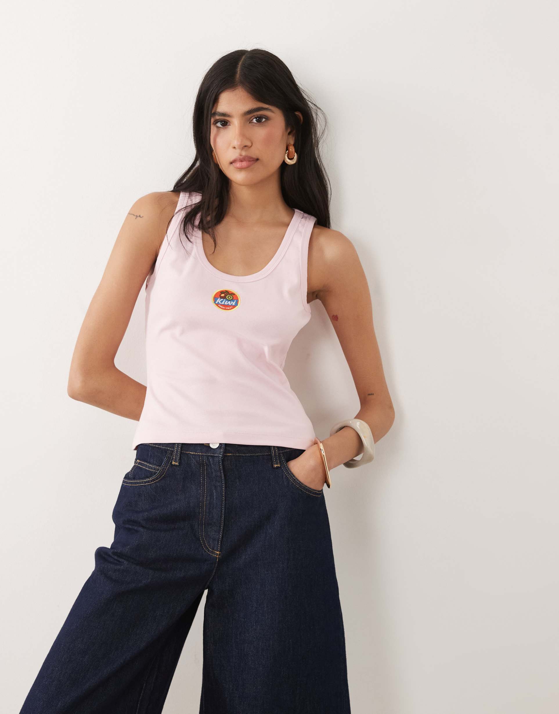asos design ribbed scoop tank top with embroidery detail on in pink