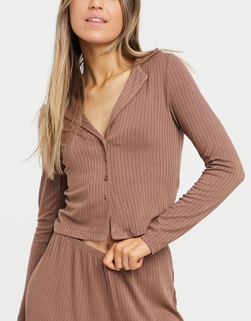 Brown Ribbed Henley Shirt and Wide Leg Pants Loungewear Set Free Shipping  on eBid United States