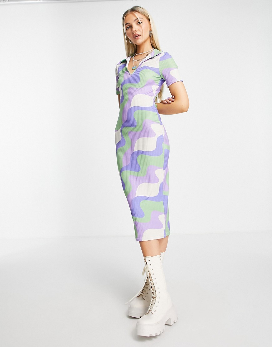 ASOS DESIGN ribbed short sleeve collared midi dress in green and blue swirl print-Multi