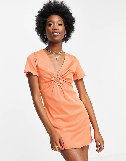 Women ribbed short sleeve mini dress with ring detail in orange 