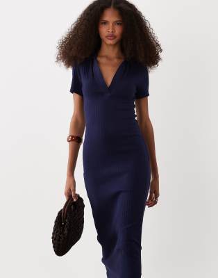 Asos Design Ribbed Short Sleeve Polo Midaxi Dress In Blue