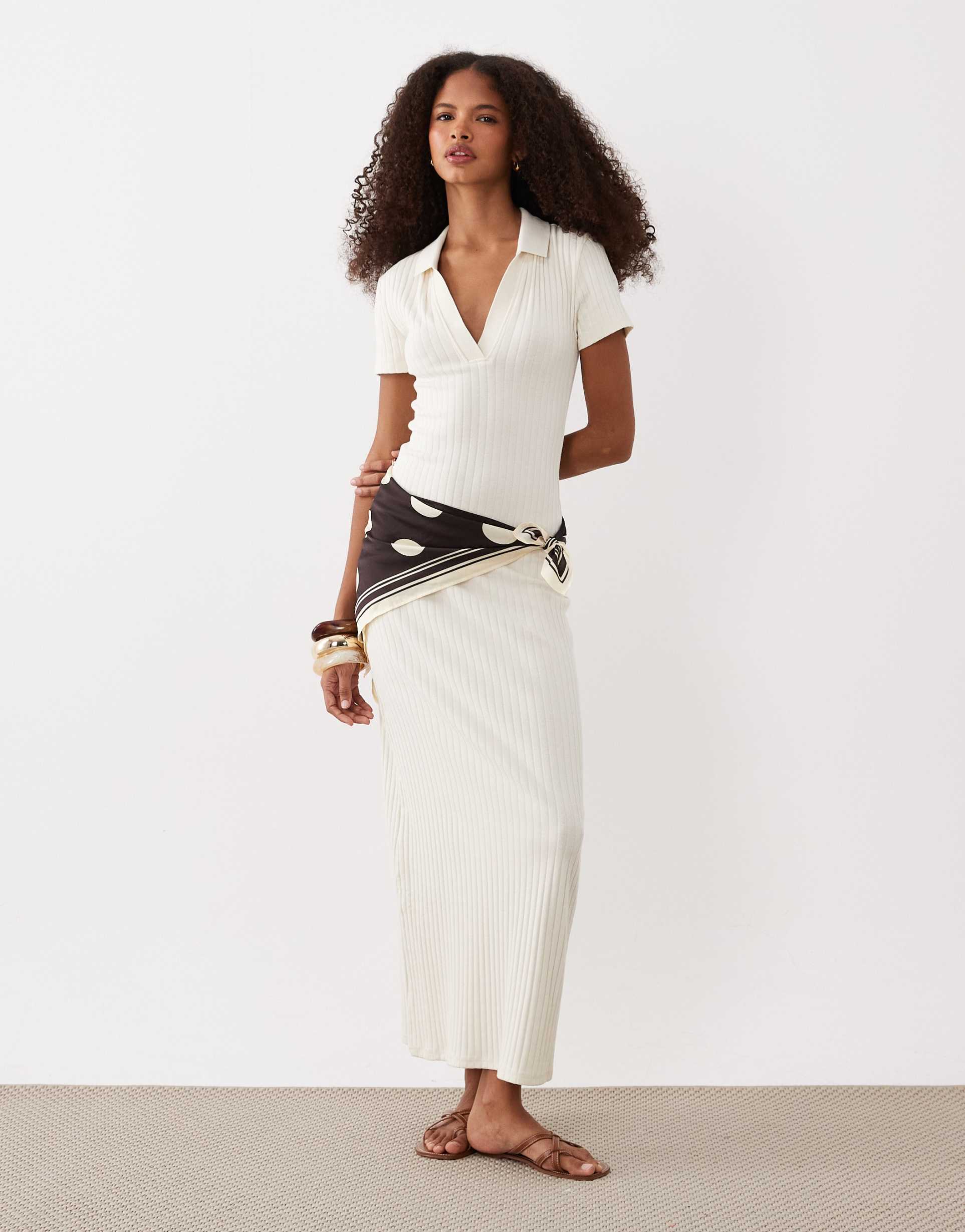 asos design ribbed short sleeve polo midi dress in beige