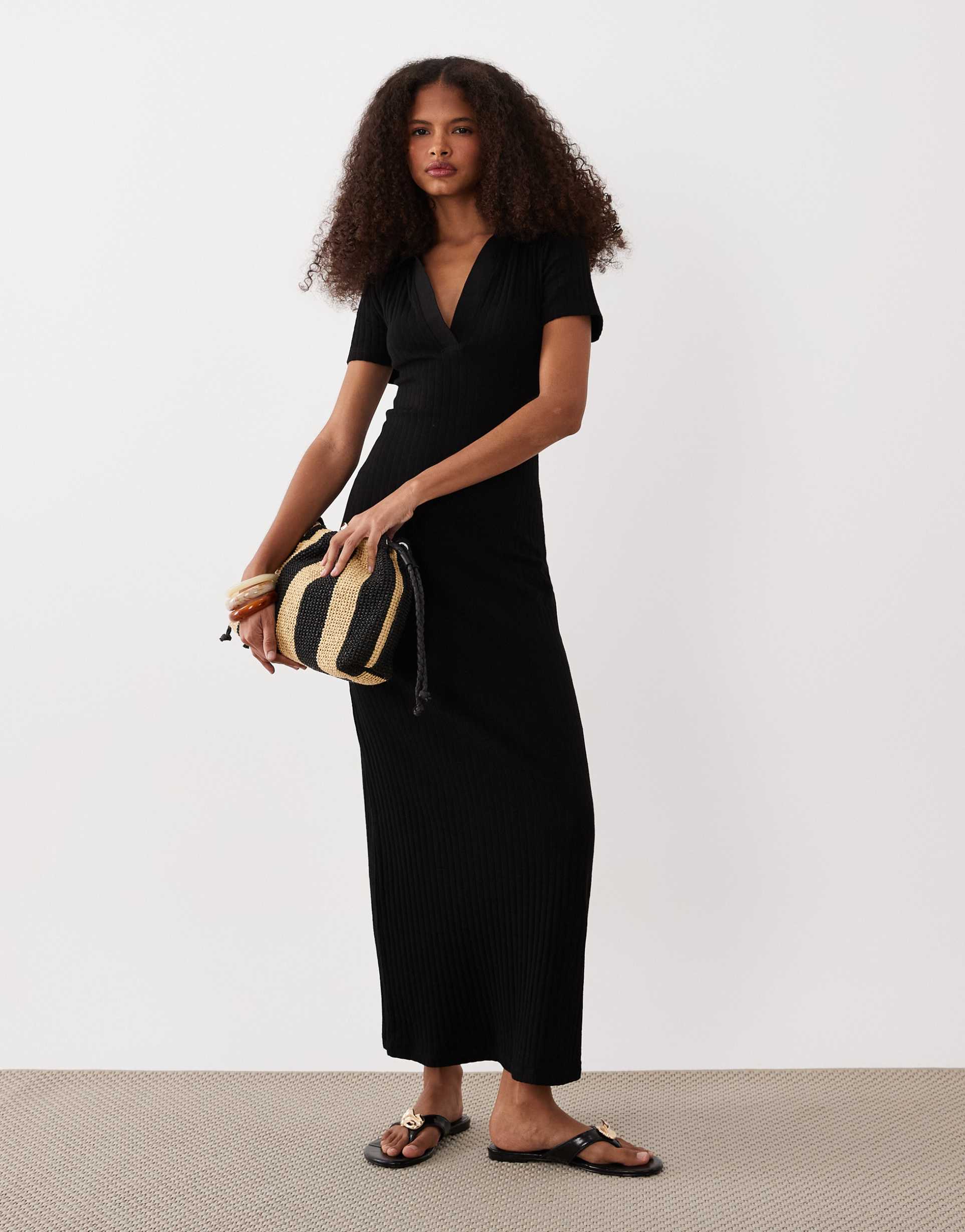 asos design ribbed short sleeve polo midi dress in black
