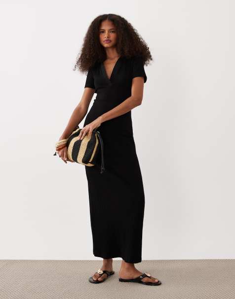 ASOS DESIGN ribbed short sleeve polo midi dress in black