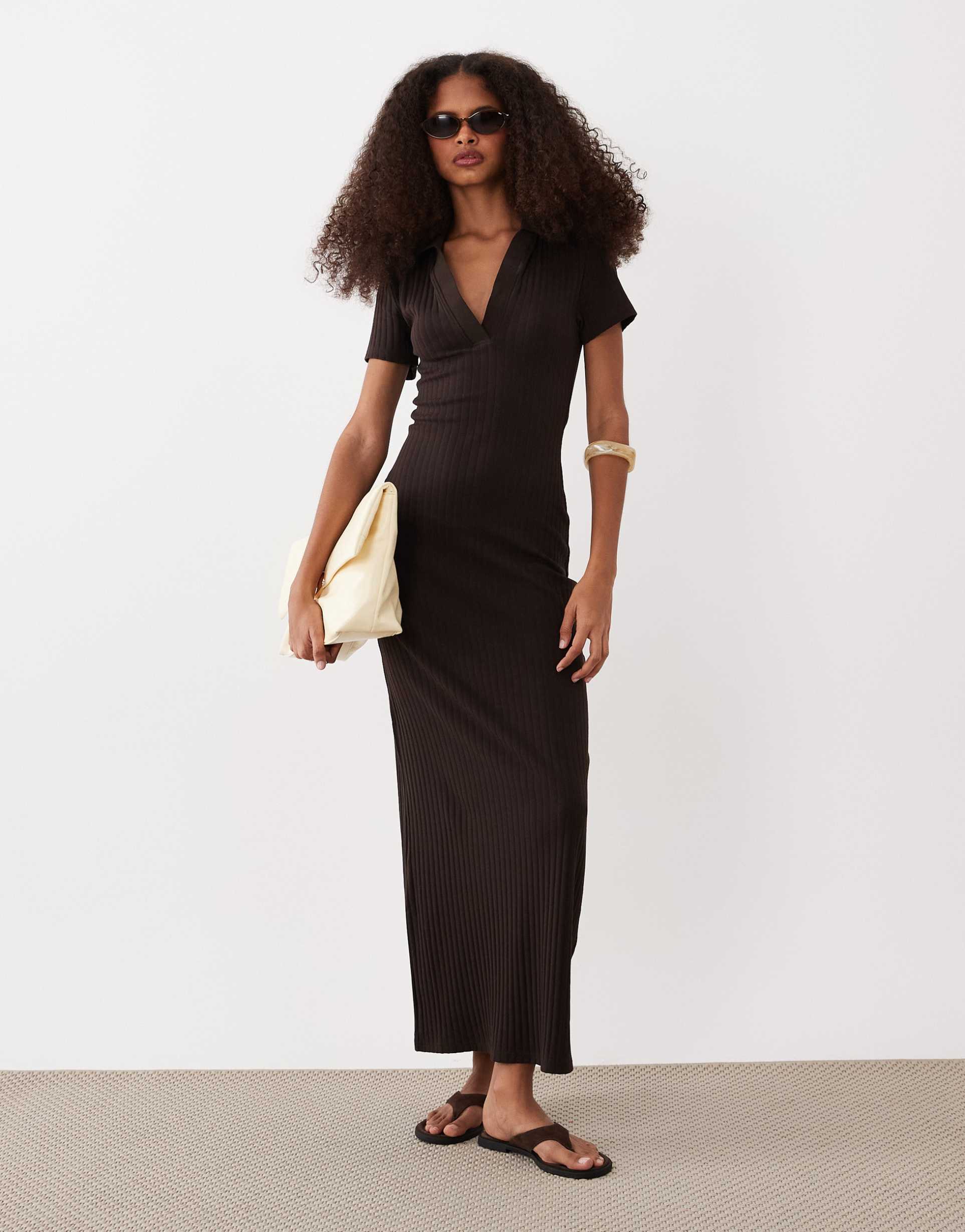 asos design ribbed short sleeve polo midi dress in chocolate