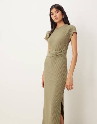 Asos Design Ribbed Short Sleeve Racer Knot Waist Midi Dress In Green