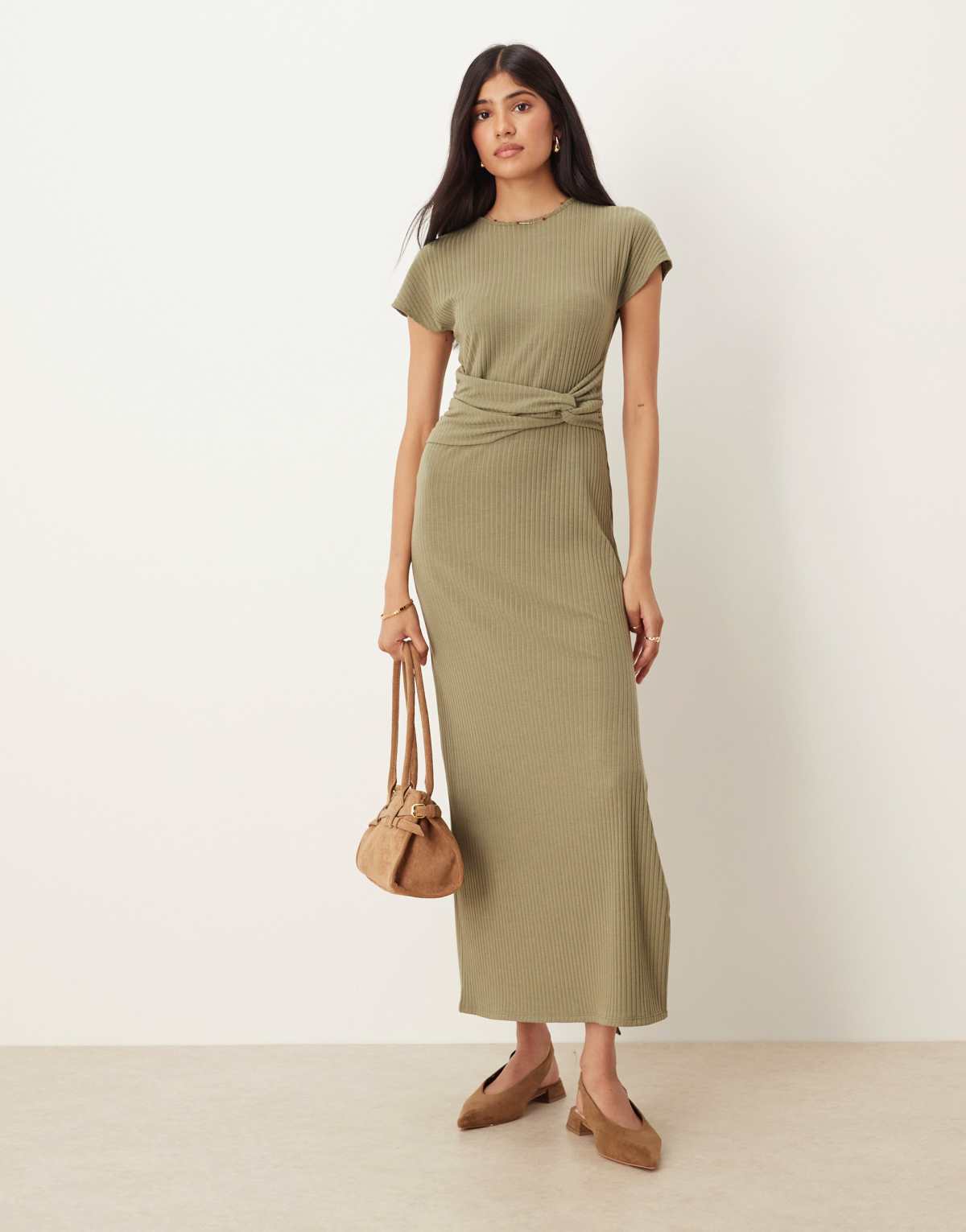 ASOS DESIGN ribbed short sleeve racer knot waist midi dress in khaki