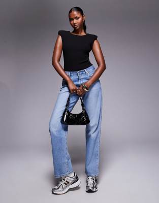 Asos Design Ribbed Shoulder Pad Bodysuit In Black
