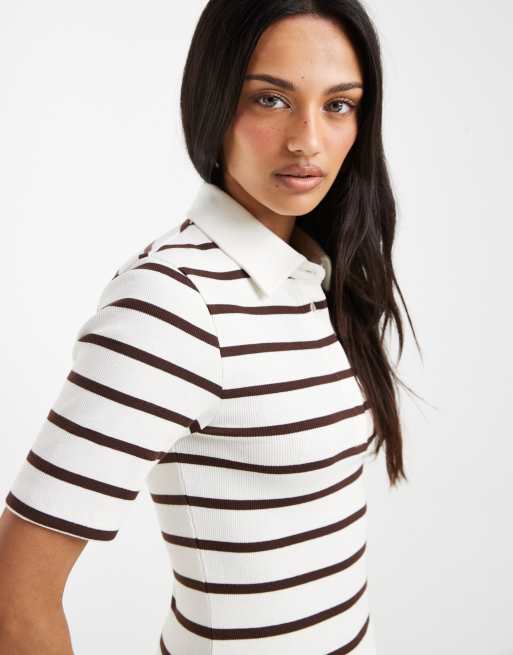 ASOS DESIGN ribbed shrunken polo top in choc & yellow stripe, 3 of 4