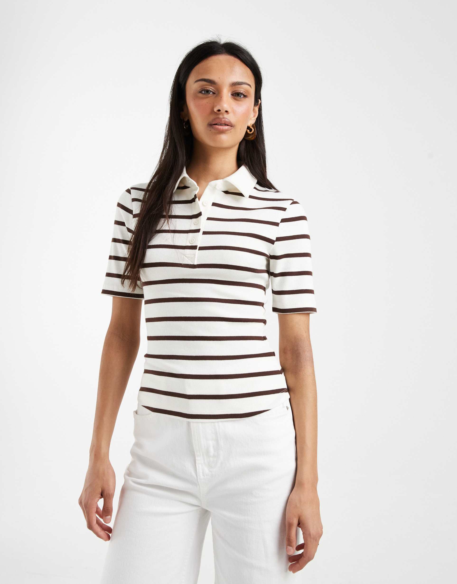 asos design ribbed shrunken polo top in chocolate & yellow stripes