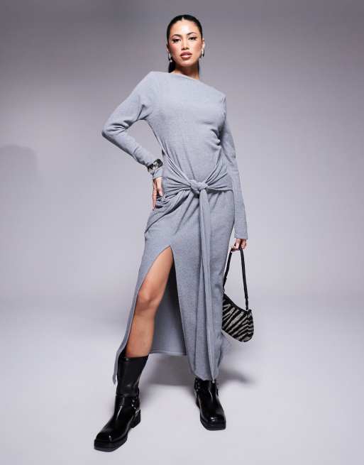 ASOS DESIGN ribbed slash neck long sleeve twist front midi dress in gray