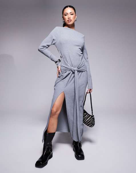 ASOS DESIGN ribbed slash neck long sleeve twist front midi dress in grey - view 1