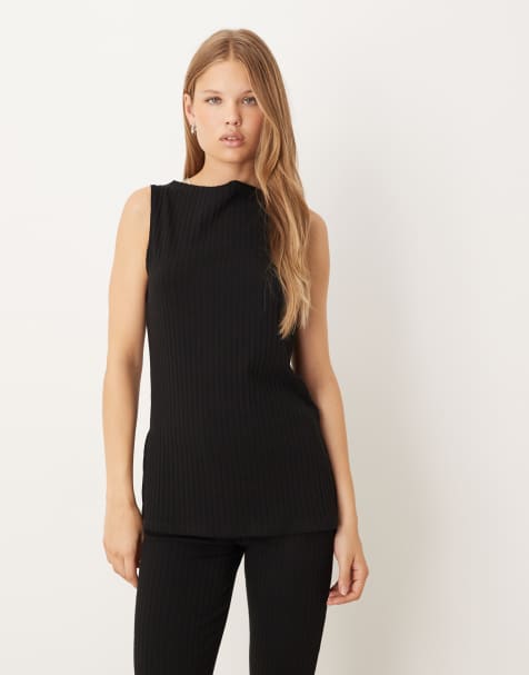 ASOS DESIGN ribbed slash neck longline sleeveless top in black (Part of a set) - view 1