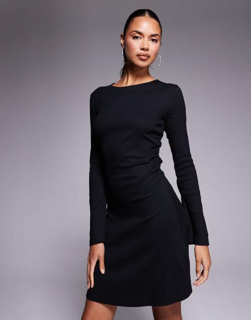 ASOS DESIGN ribbed slash neck ruched side swing mini dress in black