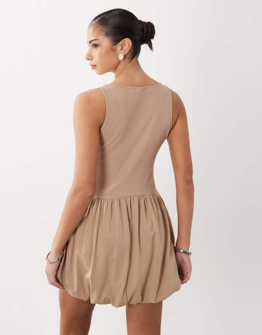 ASOS DESIGN ribbed sleeveless bubble hem mini dress in taupe, 3 of 4