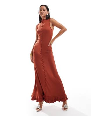 Asos Design Ribbed Sleeveless High Neck Maxi Dress With Ruffle Lettuce Hem In Rust-red