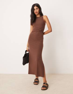 Asos Design Ribbed Sleeveless Racer Knot Waist Midi Dress