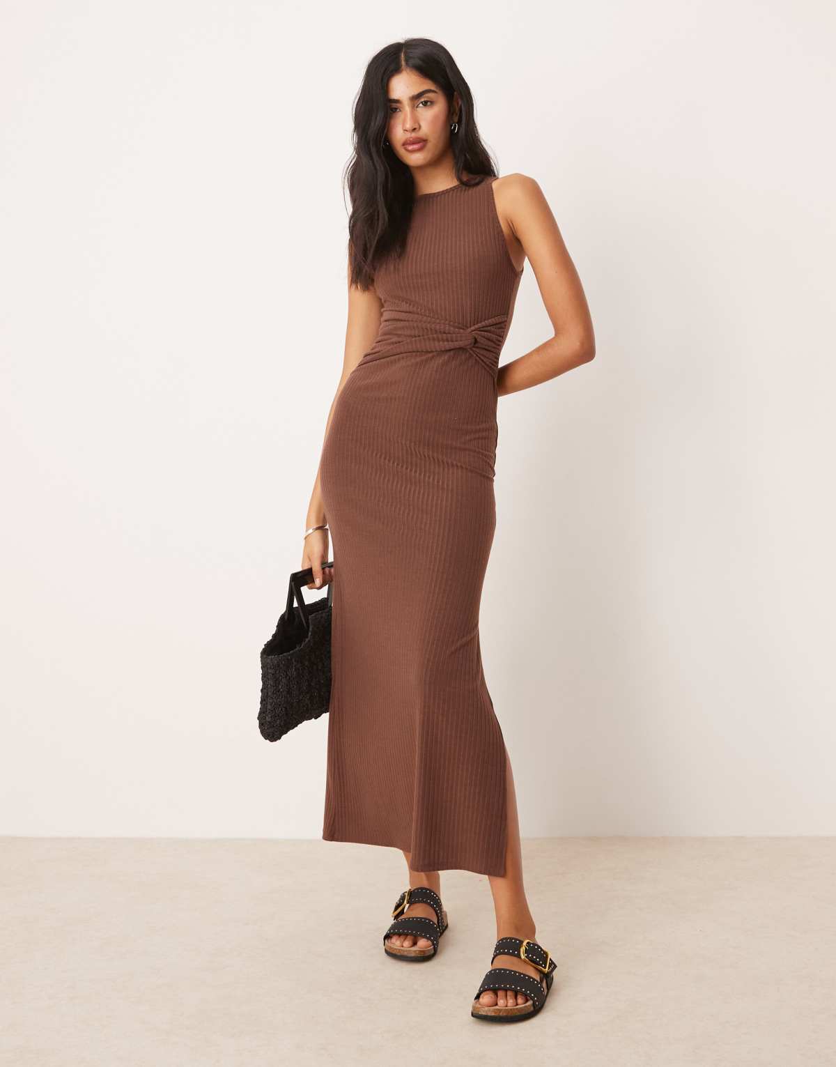 ASOS DESIGN ribbed sleeveless racer knot waist midi dress in chocolate