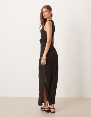 Asos Design Ribbed Sleeveless Racer Knot Waist Midi Dress In Brown