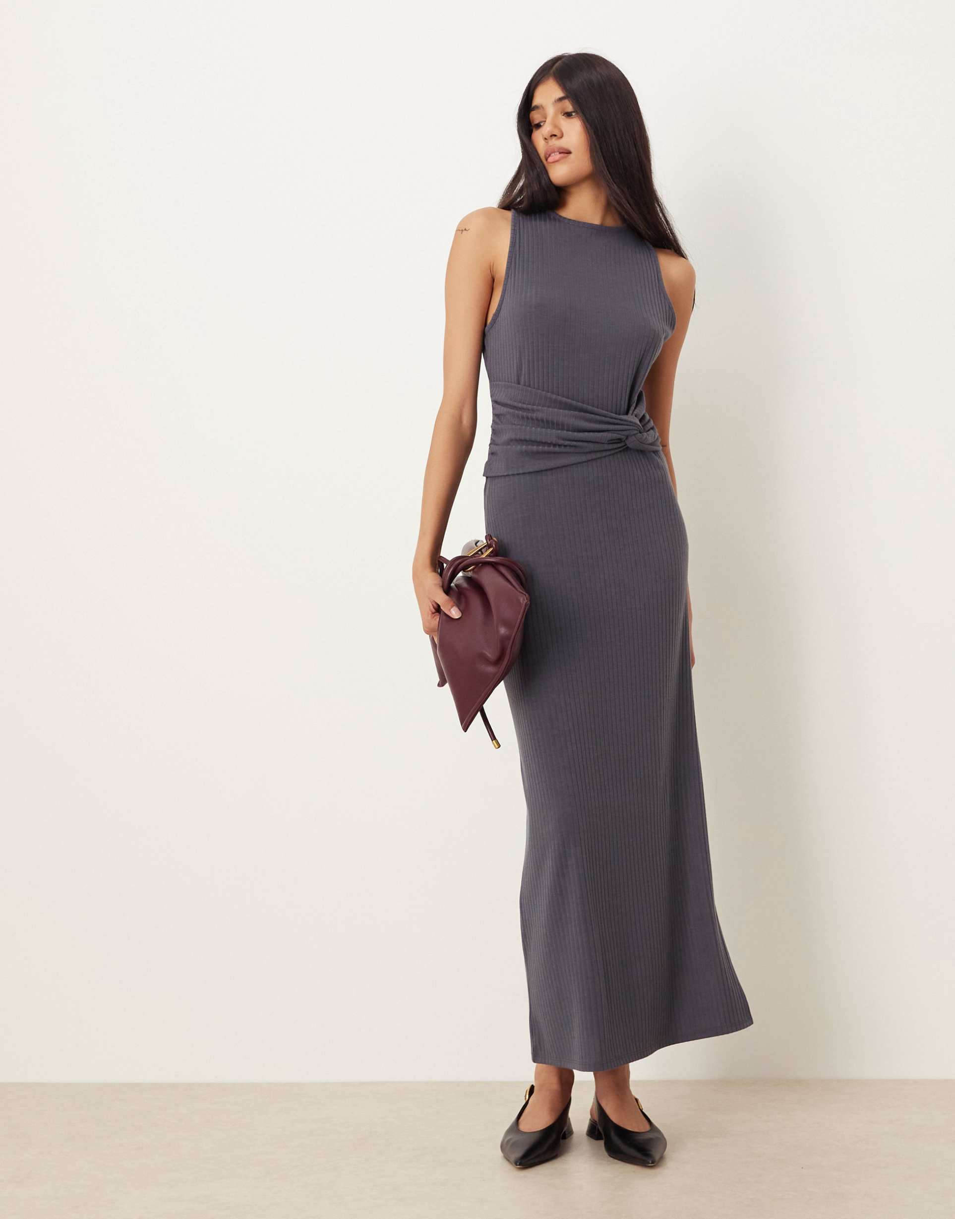 asos design ribbed sleeveless racer knot waist midi dress in slate gray