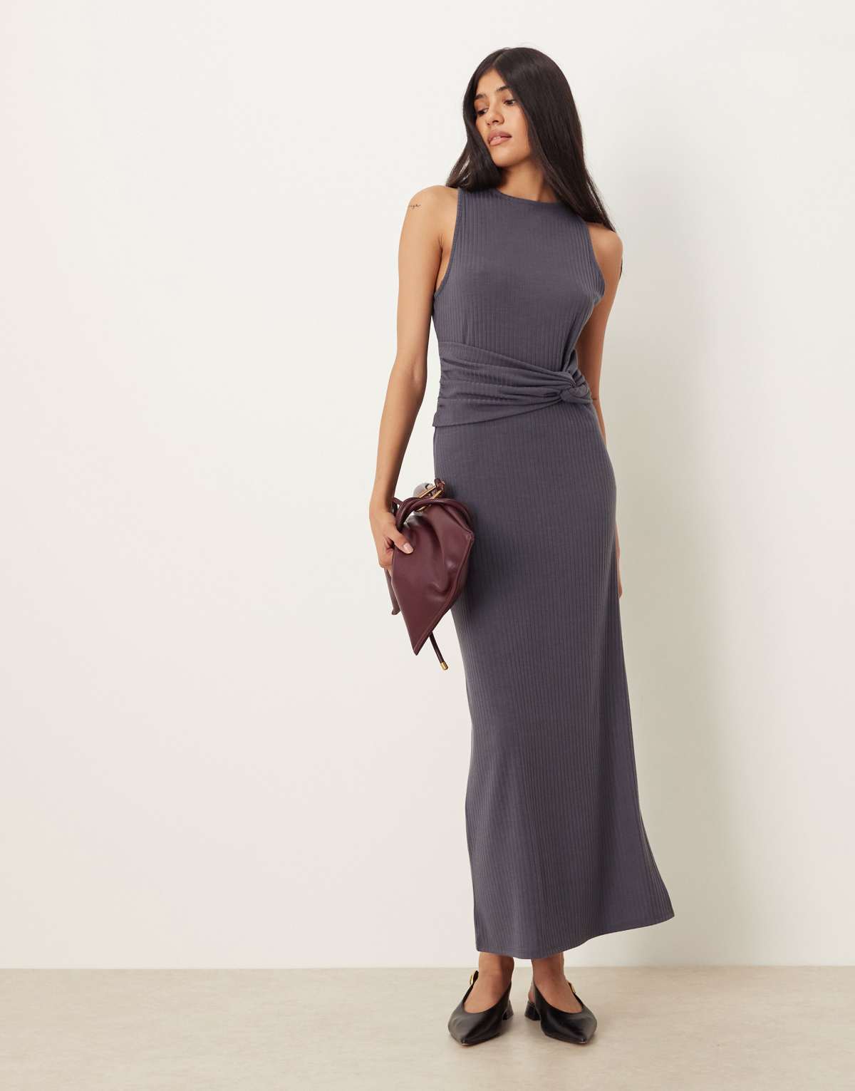 ASOS DESIGN ribbed sleeveless racer knot waist midi dress in slate grey