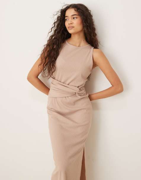 ASOS DESIGN ribbed sleeveless racer knot waist midi dress in stone - view 1