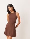 [ASOS DESIGN] ASOS DESIGN ribbed sleeveless racer knot waist mini dress in chocolate-Brown L Chocolate