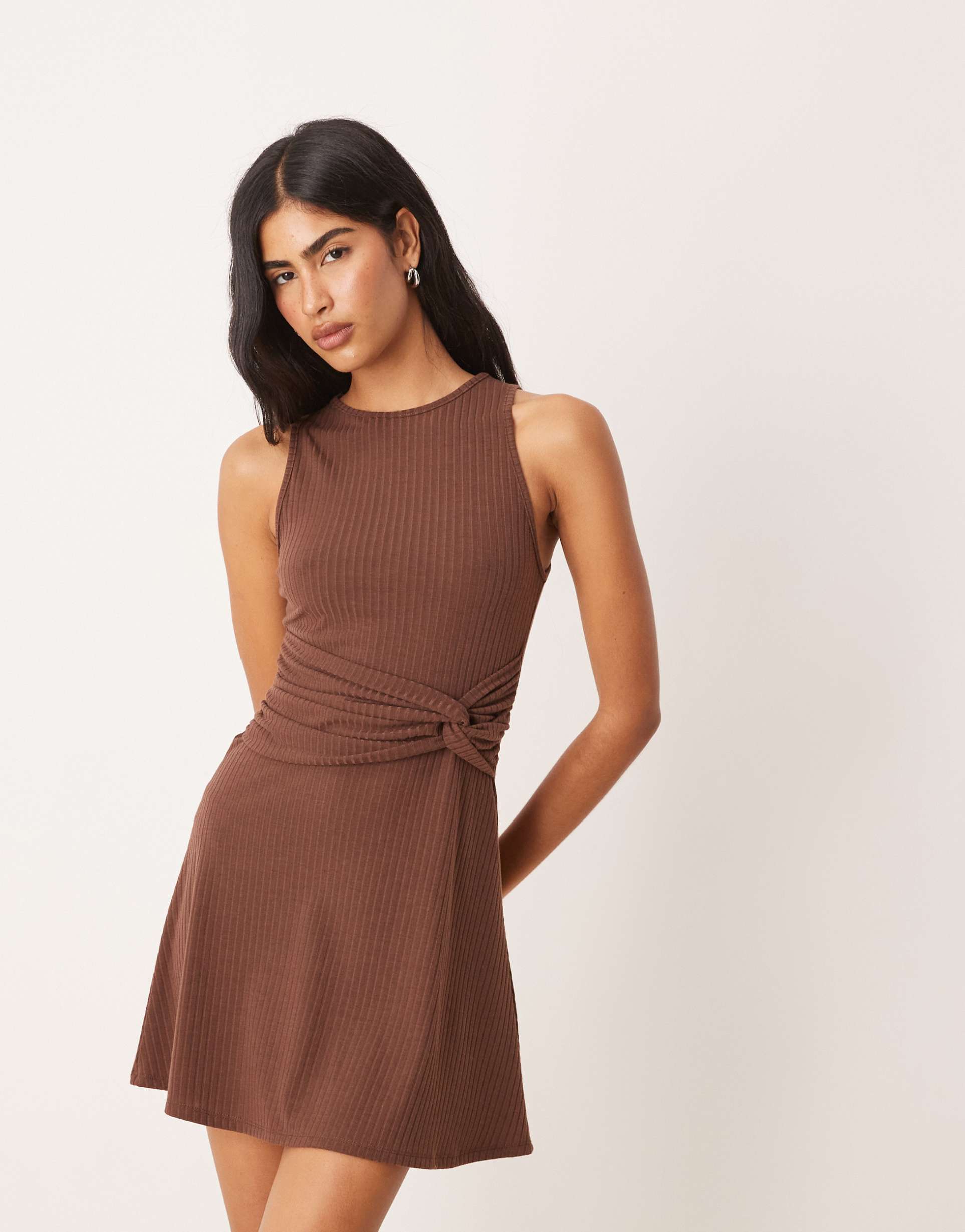 asos design ribbed sleeveless racer knot waist mini dress in chocolate