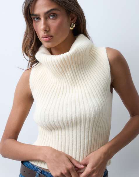 ASOS DESIGN ribbed sleeveless sweater vest with slouchy funnel neck in ecru - view 1