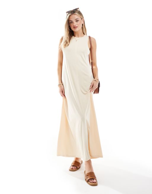 ASOS DESIGN ribbed slinky a line maxi dress in stone