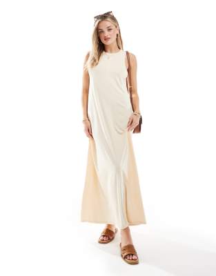 ASOS DESIGN ribbed slinky a line maxi dress in-Neutral