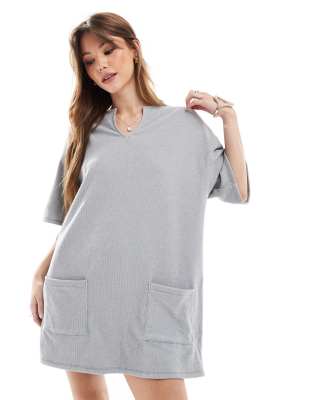 Asos Design Ribbed Slouchy T-shirt Mini Dress With Pockets In Gray