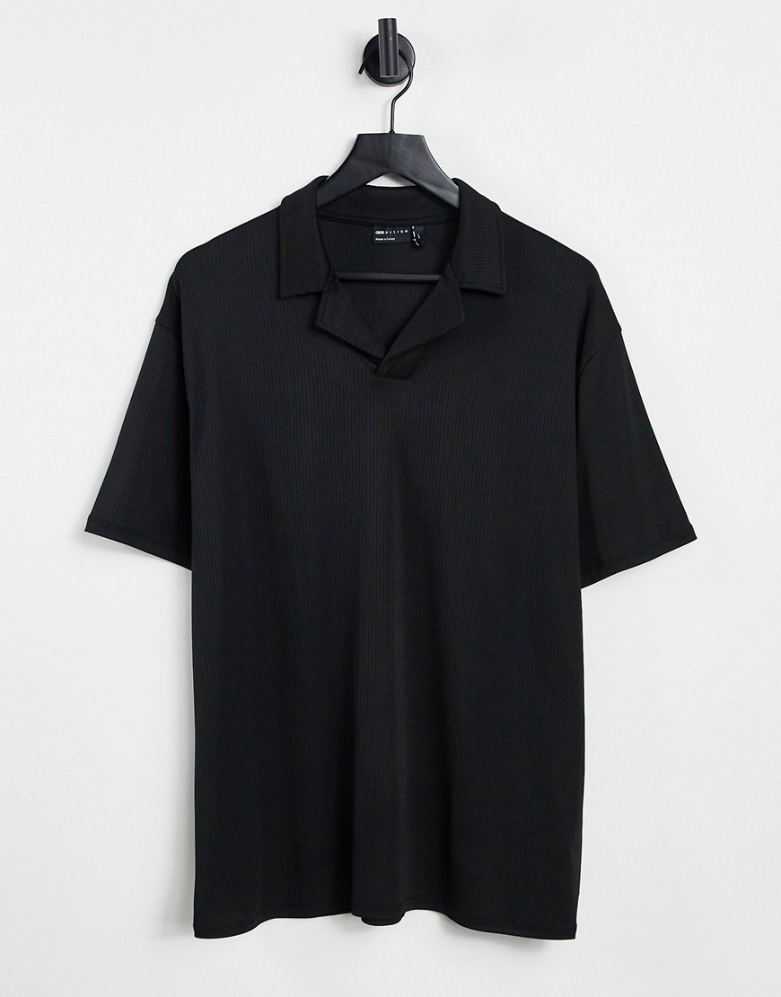 ASOS DESIGN ribbed smart polo with camp collar in black