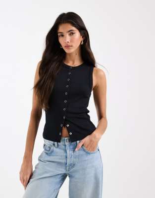 Asos Design Ribbed Snap Detail Tank Top In Black
