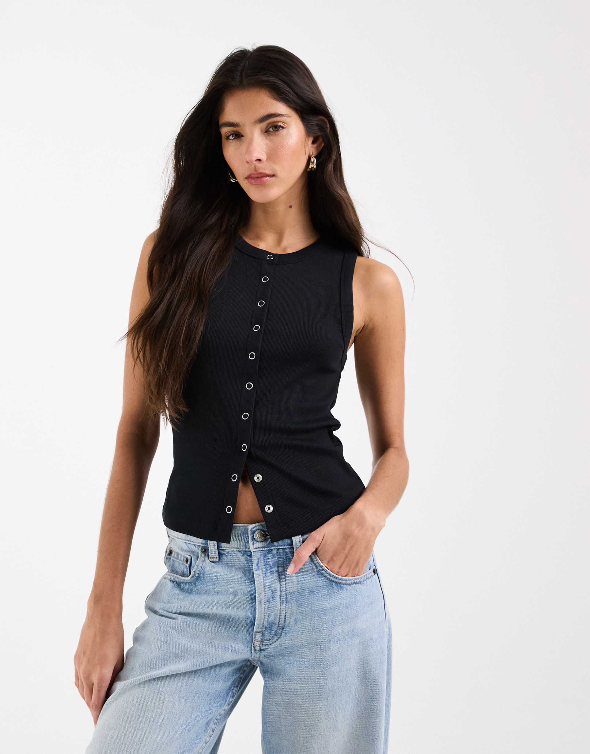 asos design ribbed snap detail tank top in black
